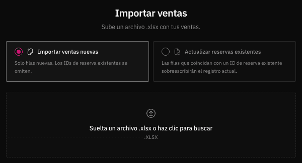 Paso Subir de Importar ventas: elegir entre importar ventas nuevas o actualizar reservas existentes, y soltar un archivo .xlsx