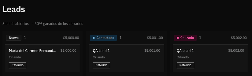 Tablero de leads con columnas Nuevo, Contactado y Cotizado